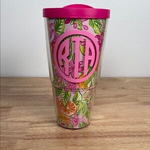 Lilly Pulitzer Monogram with initials  RTA plastic Tumbler with Pink lid